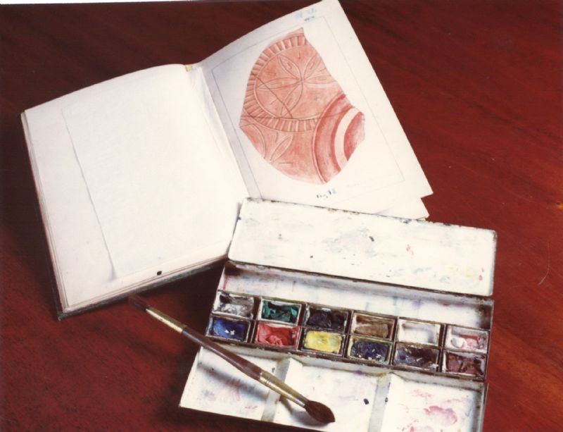 Dibujo y caja de acuarelas originales de Calixto Alvargonzlez Landeau