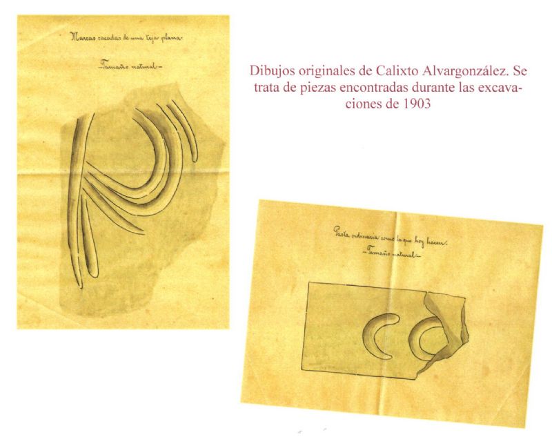 Dibujos originales de Calixto Alvargonzlez Landeau. Se trata de piezas encontradas en las excavaciones de 1903